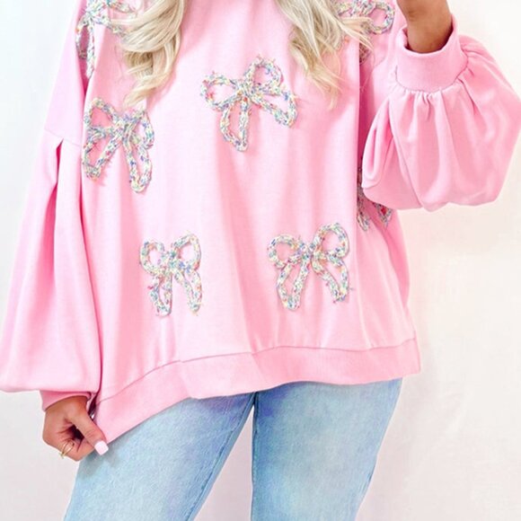Light Pink Embroidered Bow Lantern Sleeve Oversized Pullover Sweatshirt - Picture 10 of 10